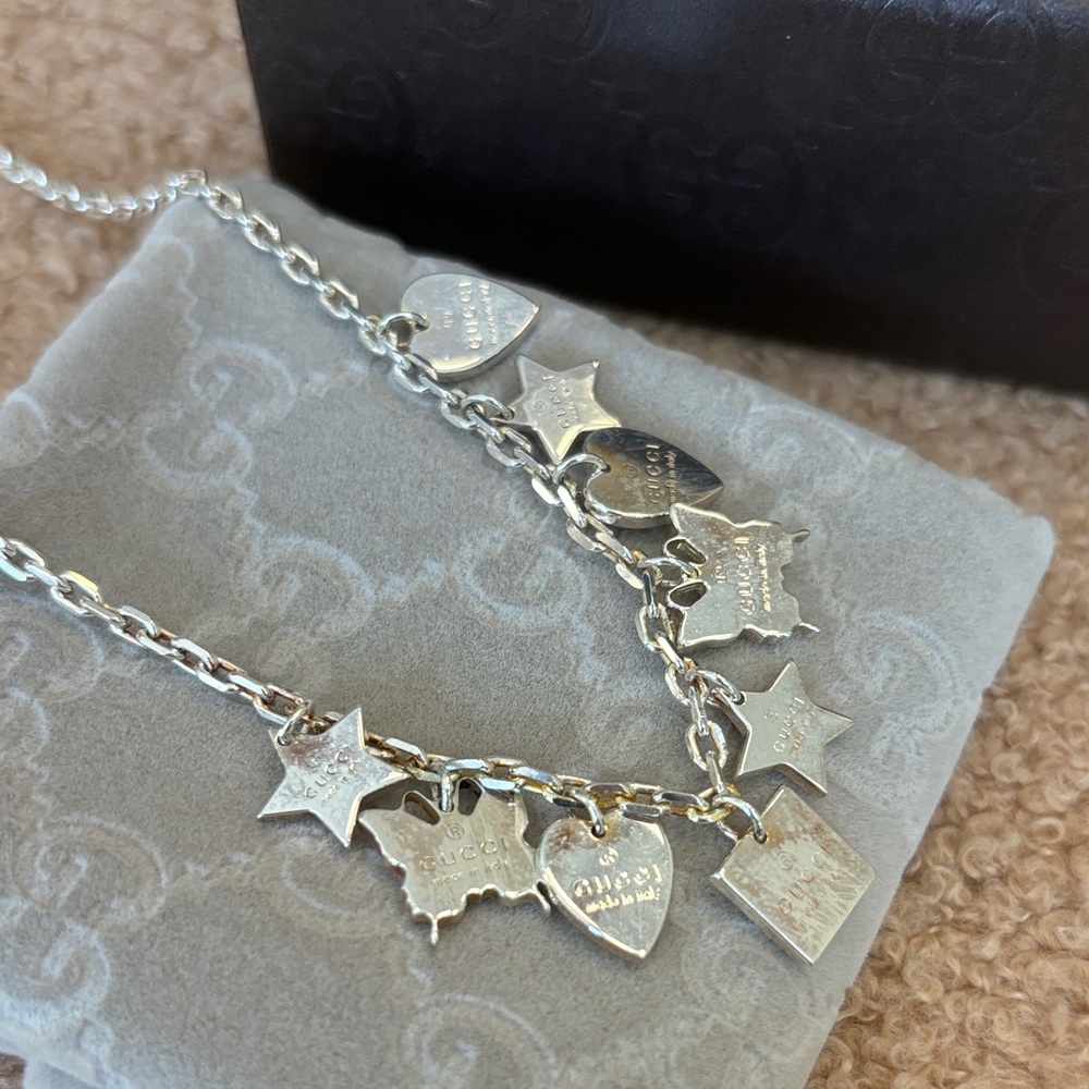 Gucci Silver Multi Charm Necklace with Hearts, Stars & Tag Charms - Picture 4 of 8